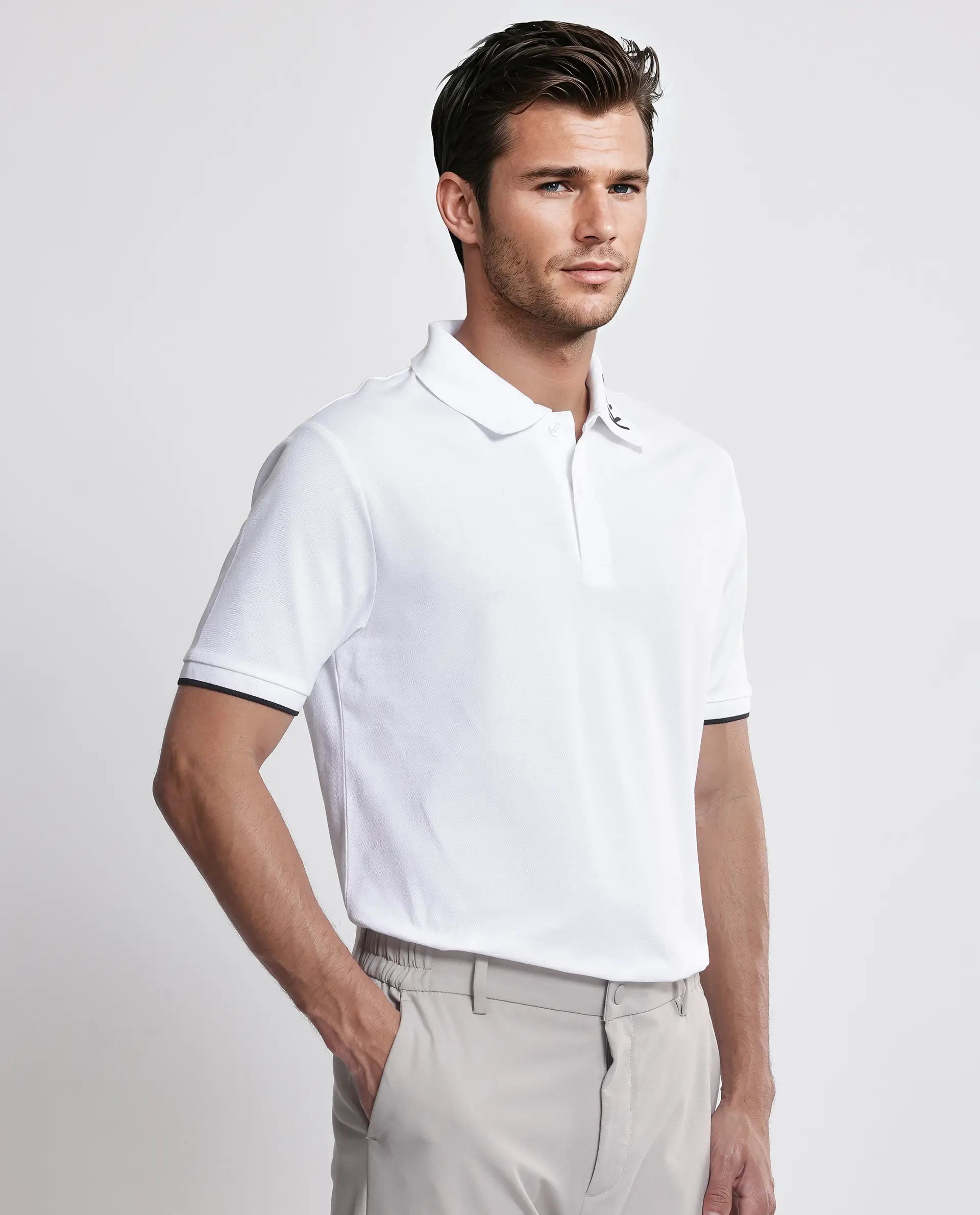 Rare Rabbit Men's Limo White Cotton Embroidered Regular Fit Half Sleeve Polo