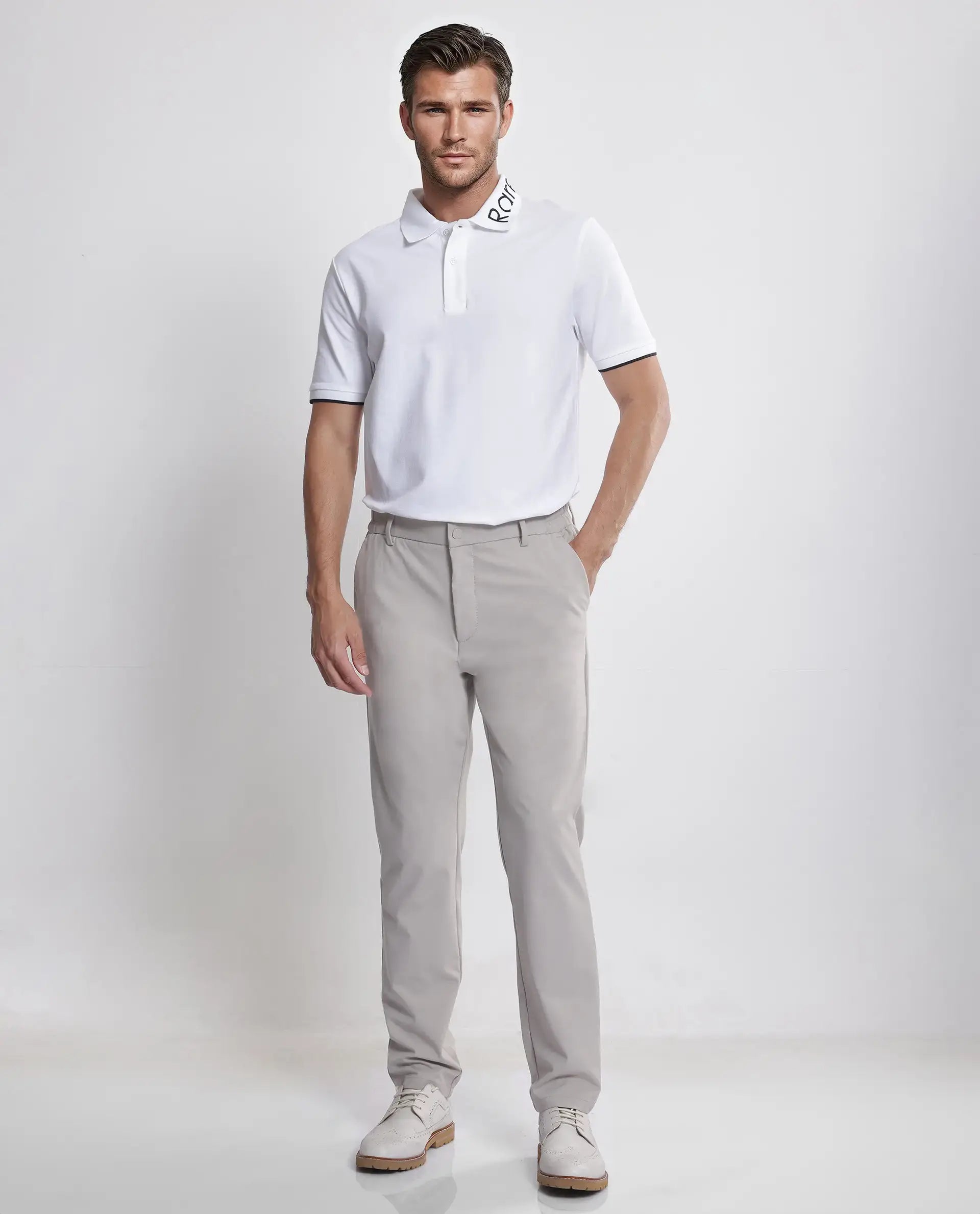 Rare Rabbit Men's Limo White Cotton Embroidered Regular Fit Half Sleeve Polo