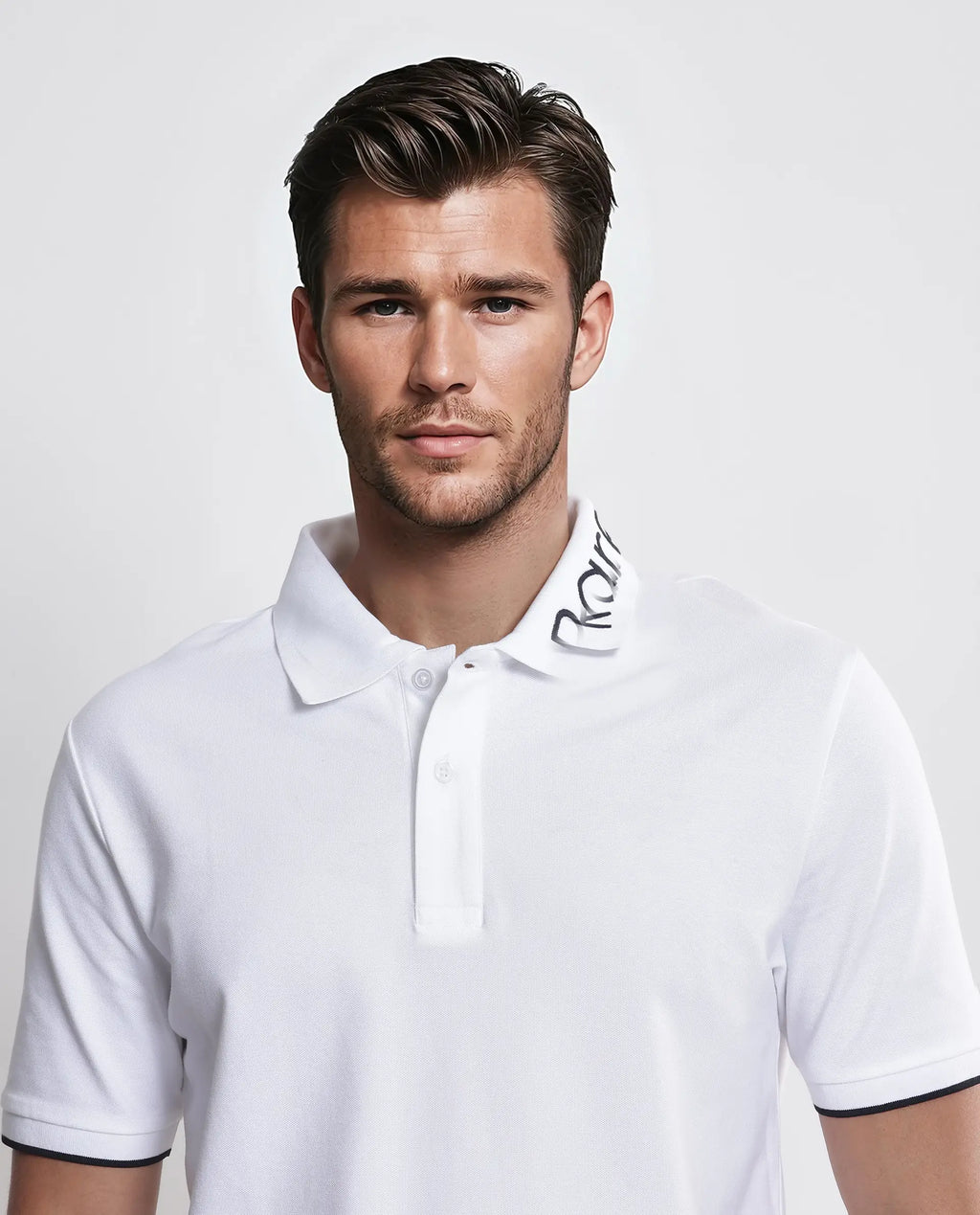 Rare Rabbit Men's Limo White Cotton Embroidered Regular Fit Half Sleeve Polo