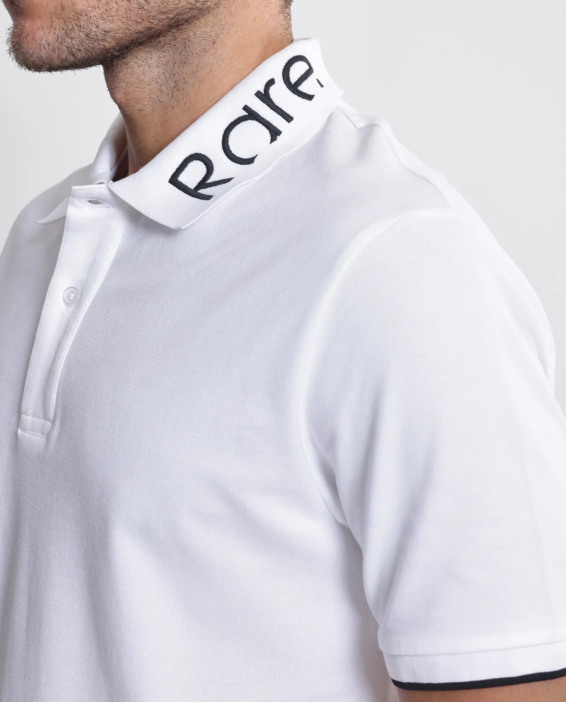 Rare Rabbit Men's Limo White Cotton Embroidered Regular Fit Half Sleeve Polo