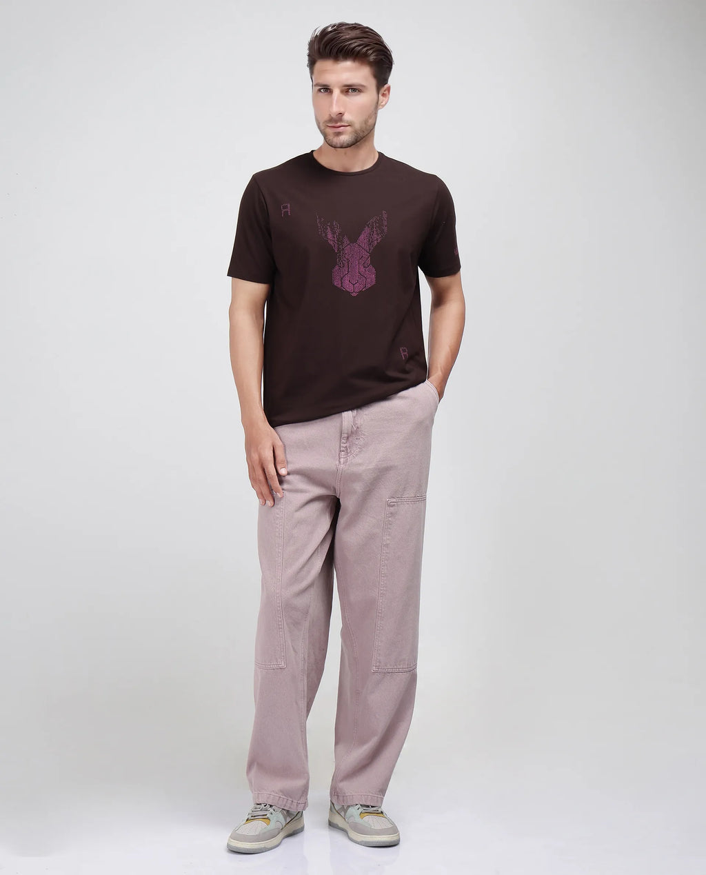 Rare Rabbit Men's Log Brown Cotton Blend Graphic Print Regular Fit Half Sleeve Crew Neck T-Shirt