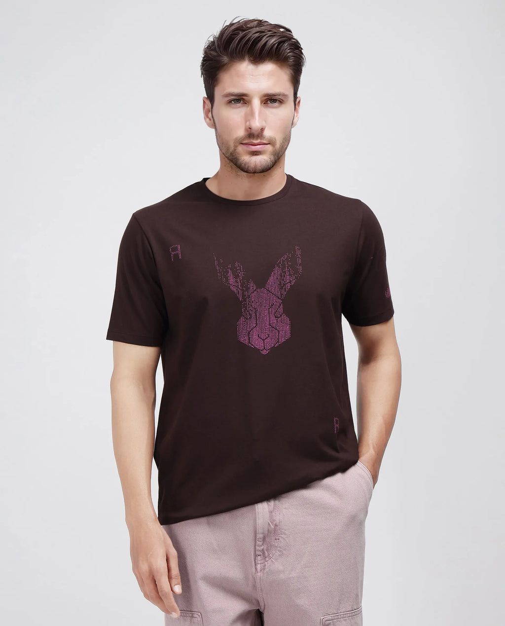 Rare Rabbit Men's Log Brown Cotton Blend Graphic Print Regular Fit Half Sleeve Crew Neck T-Shirt