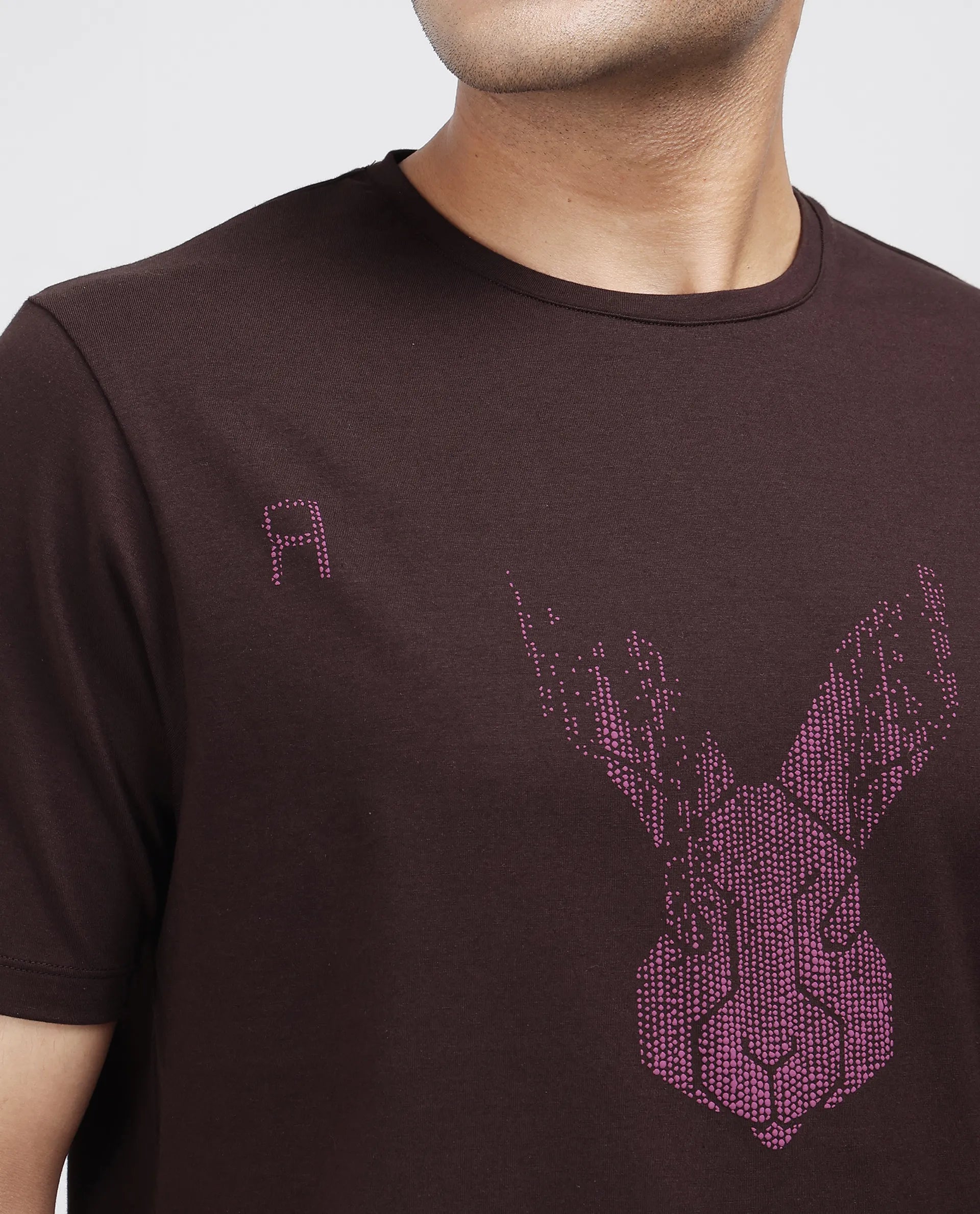 Rare Rabbit Men's Log Brown Cotton Blend Graphic Print Regular Fit Half Sleeve Crew Neck T-Shirt