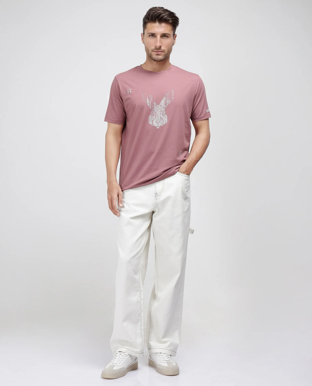 Rare Rabbit Men's Log Dusky Pink Cotton Blend Graphic Print Regular Fit Half Sleeve Crew Neck T-Shirt