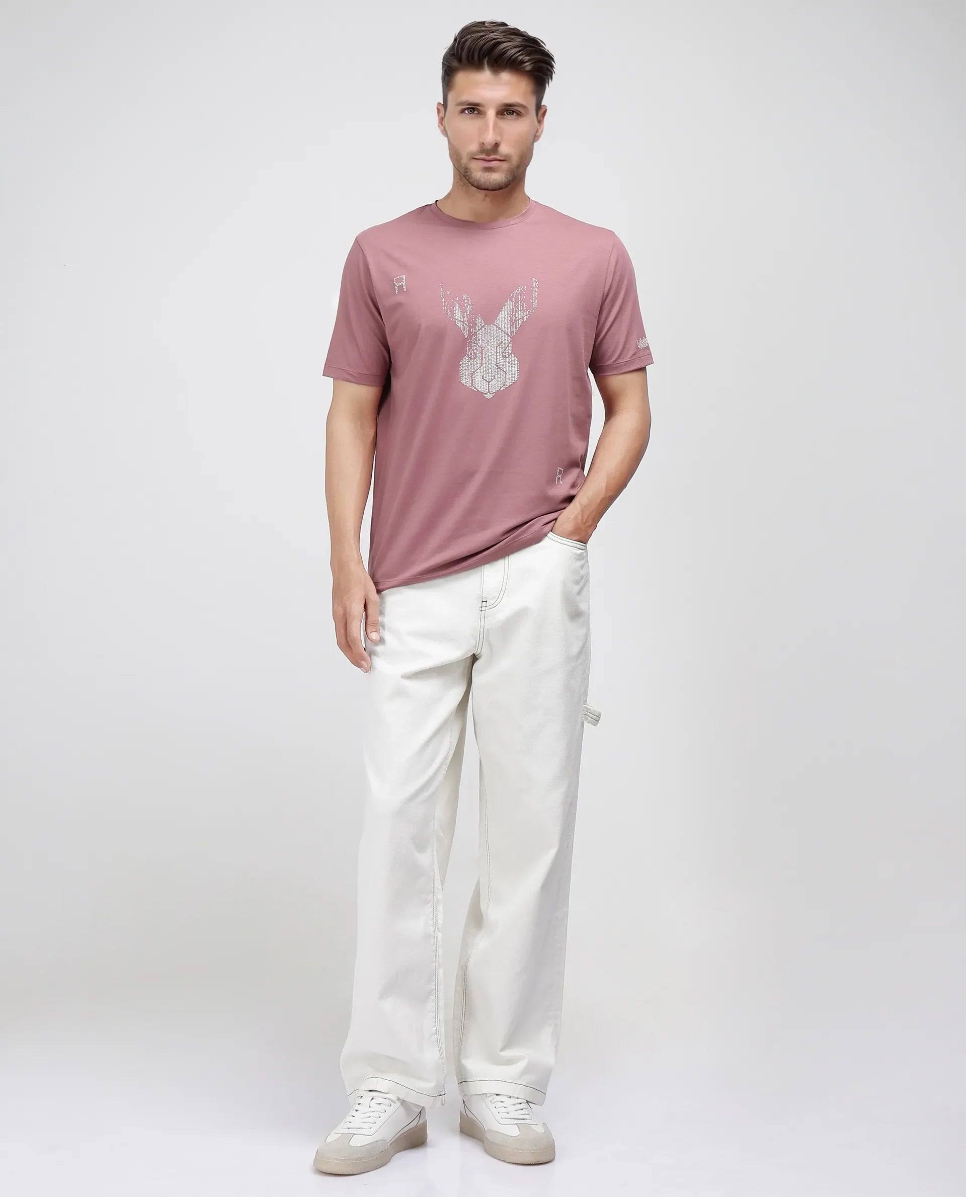 Rare Rabbit Men's Log Dusky Pink Cotton Blend Graphic Print Regular Fit Half Sleeve Crew Neck T-Shirt