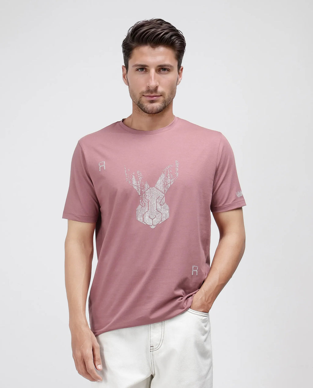 Rare Rabbit Men's Log Dusky Pink Cotton Blend Graphic Print Regular Fit Half Sleeve Crew Neck T-Shirt