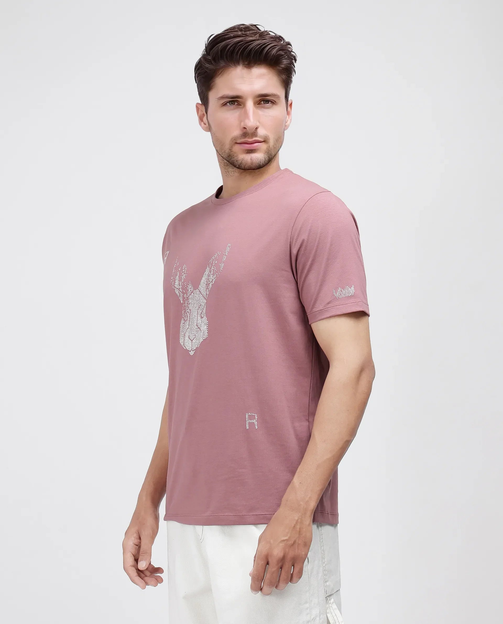 Rare Rabbit Men's Log Dusky Pink Cotton Blend Graphic Print Regular Fit Half Sleeve Crew Neck T-Shirt