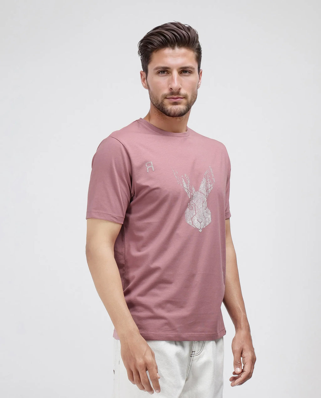 Rare Rabbit Men's Log Dusky Pink Cotton Blend Graphic Print Regular Fit Half Sleeve Crew Neck T-Shirt