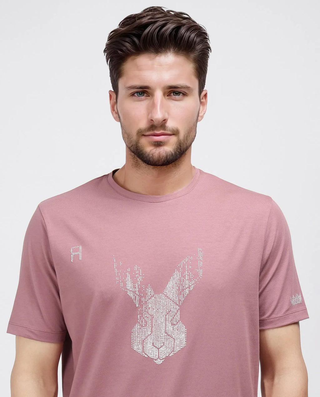 Rare Rabbit Men's Log Dusky Pink Cotton Blend Graphic Print Regular Fit Half Sleeve Crew Neck T-Shirt