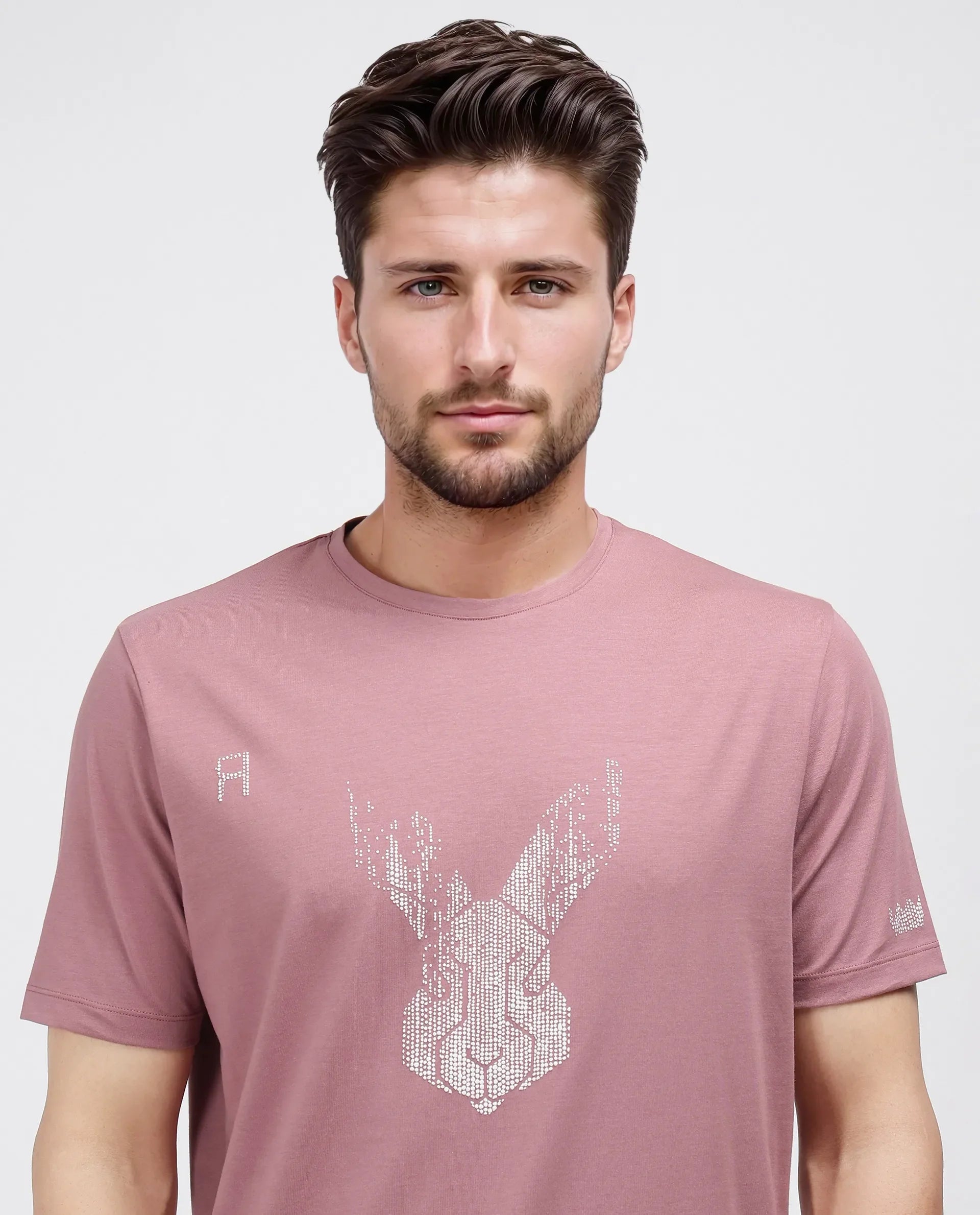 Rare Rabbit Men's Log Dusky Pink Cotton Blend Graphic Print Regular Fit Half Sleeve Crew Neck T-Shirt
