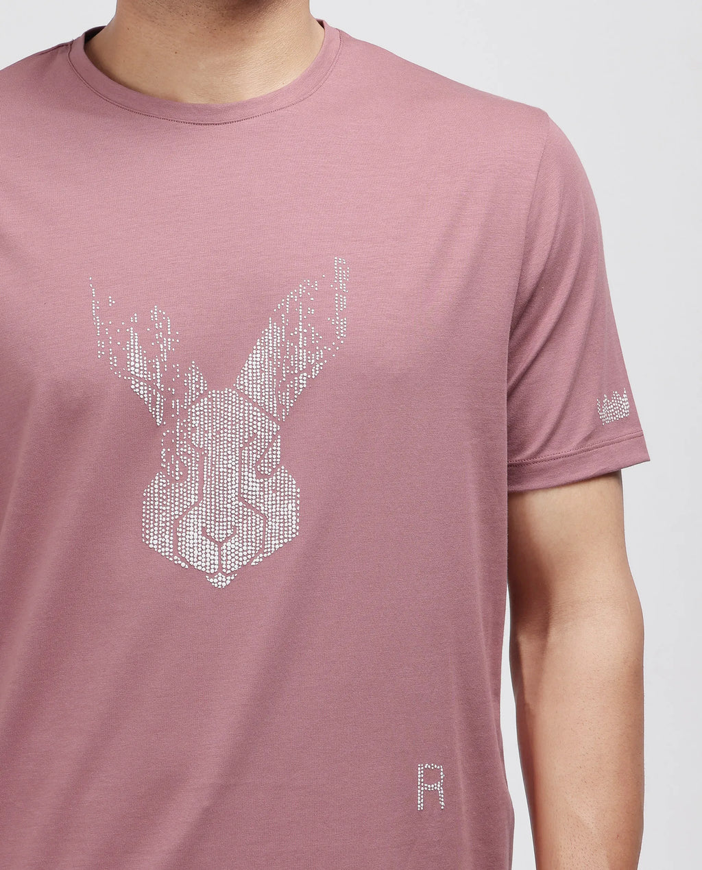 Rare Rabbit Men's Log Dusky Pink Cotton Blend Graphic Print Regular Fit Half Sleeve Crew Neck T-Shirt