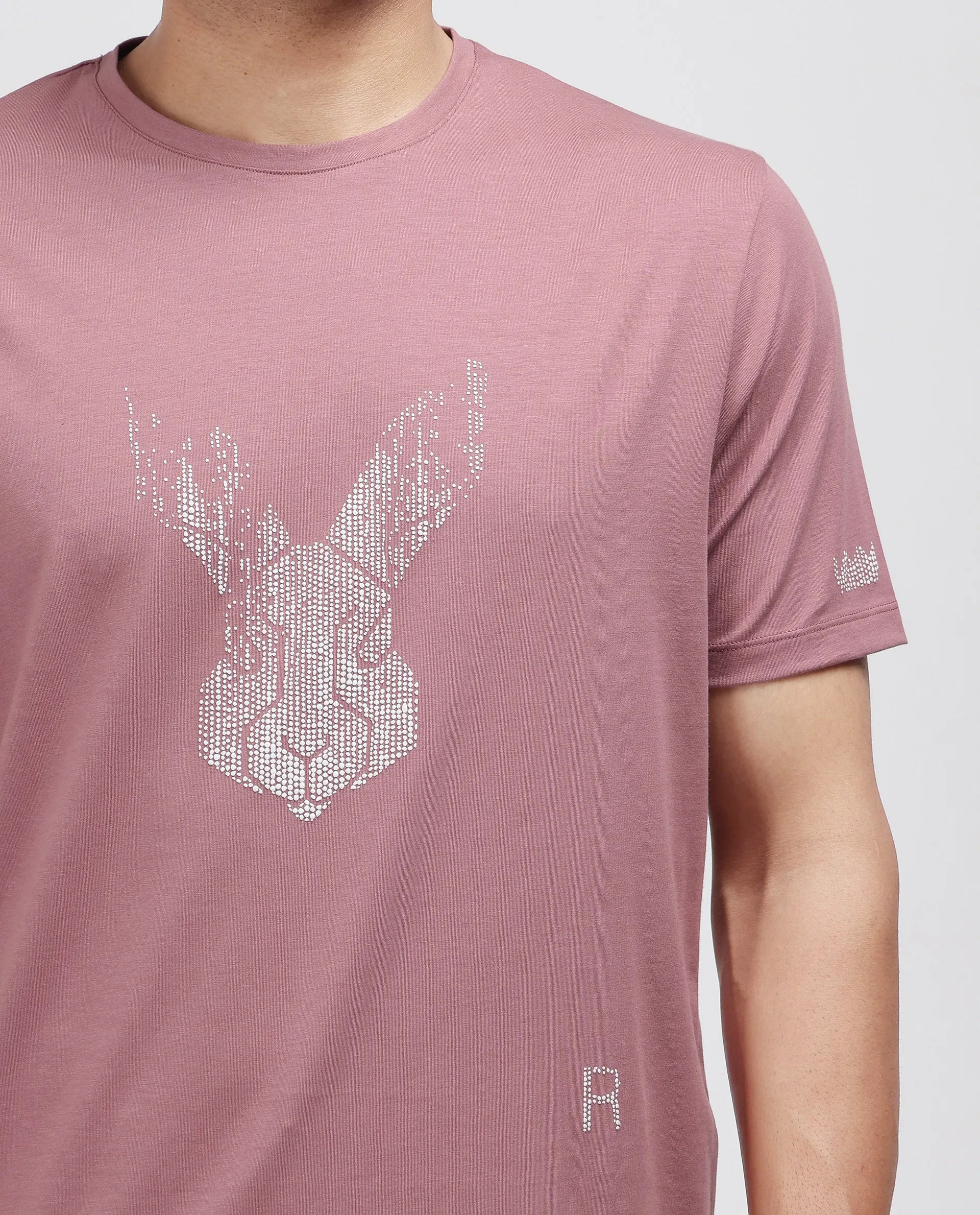 Rare Rabbit Men's Log Dusky Pink Cotton Blend Graphic Print Regular Fit Half Sleeve Crew Neck T-Shirt