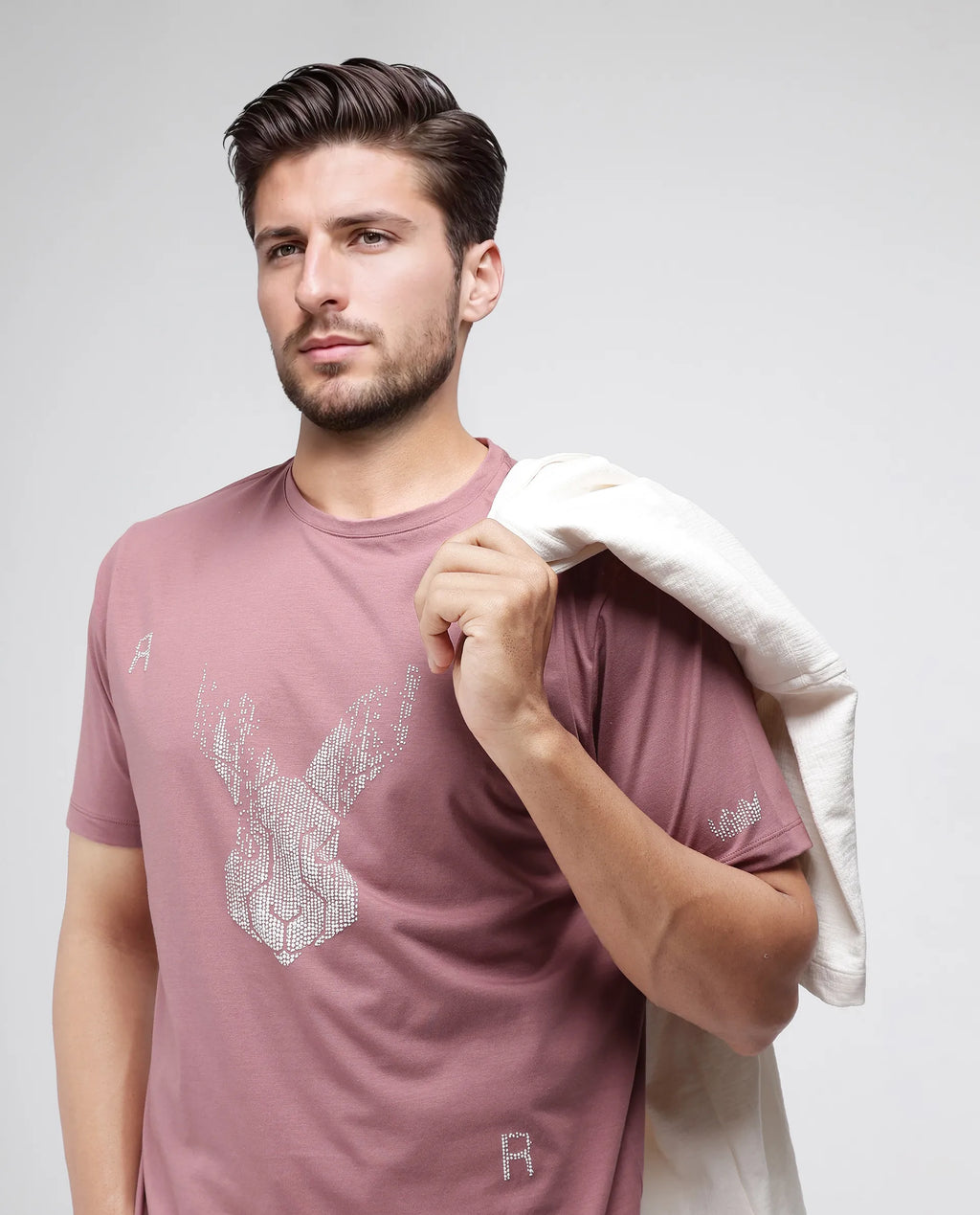 Rare Rabbit Men's Log Dusky Pink Cotton Blend Graphic Print Regular Fit Half Sleeve Crew Neck T-Shirt