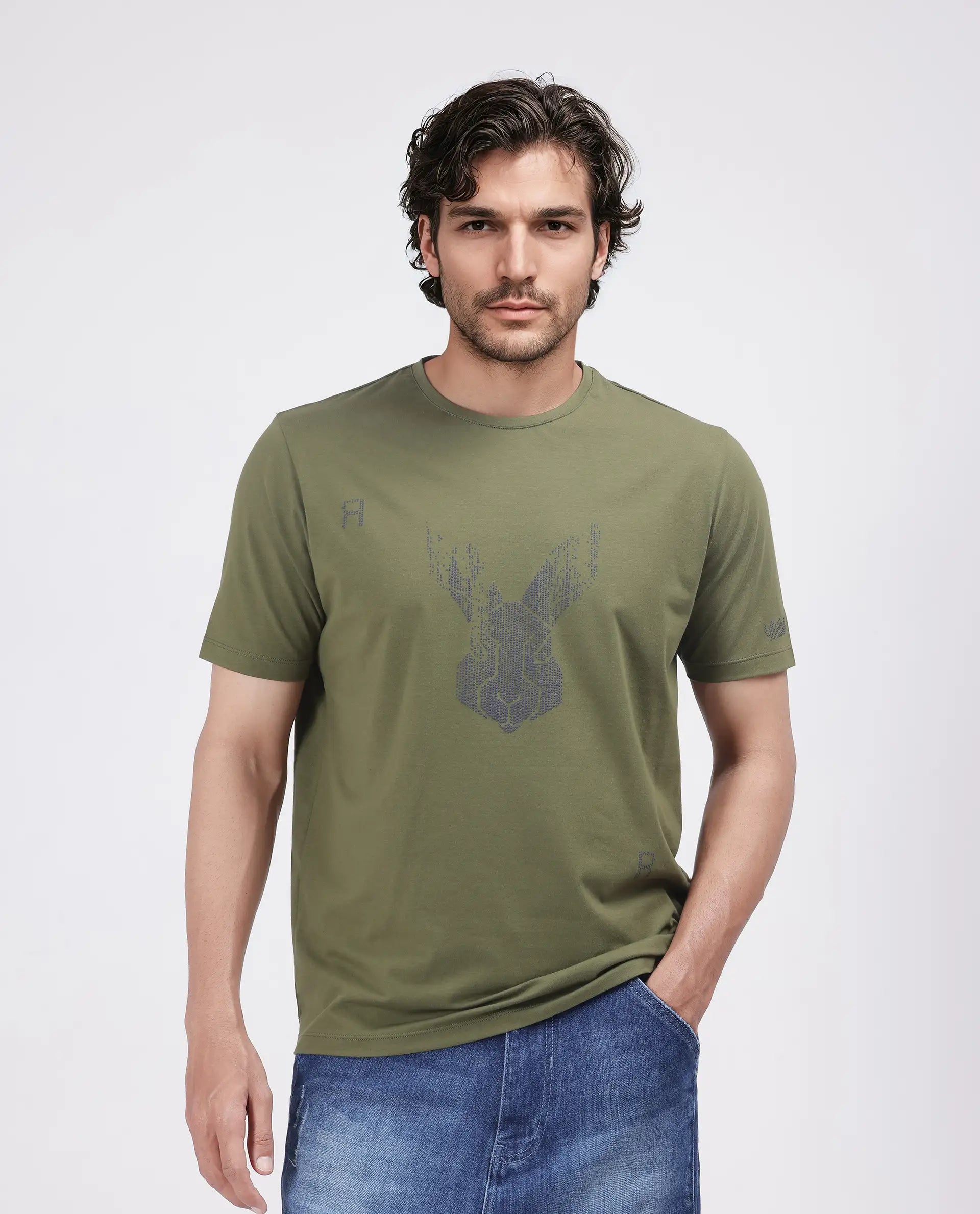 Rare Rabbit Men's Log Green Cotton Blend Graphic Print Regular Fit Half Sleeve Crew Neck T-Shirt
