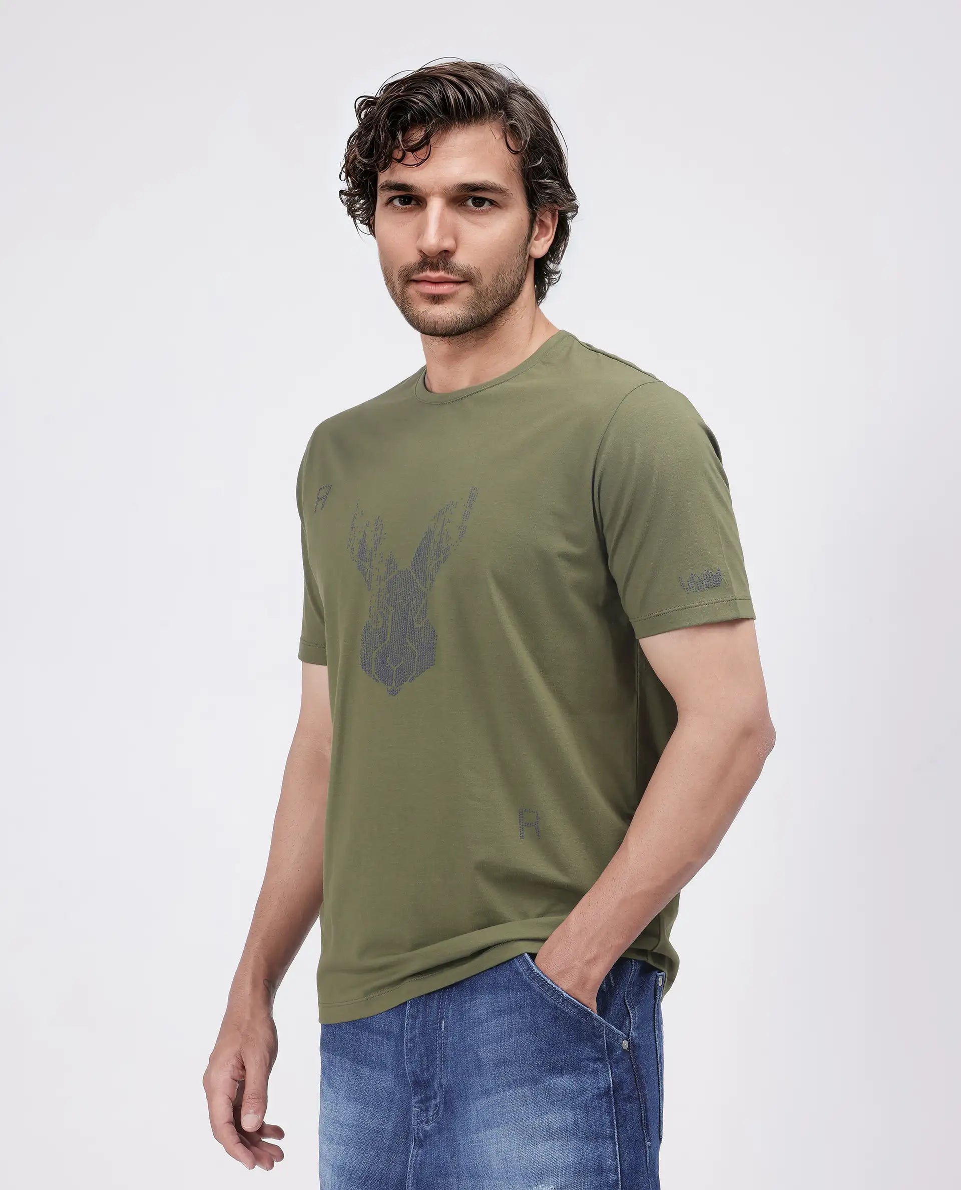 Rare Rabbit Men's Log Green Cotton Blend Graphic Print Regular Fit Half Sleeve Crew Neck T-Shirt