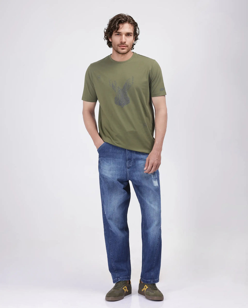 Rare Rabbit Men's Log Green Cotton Blend Graphic Print Regular Fit Half Sleeve Crew Neck T-Shirt