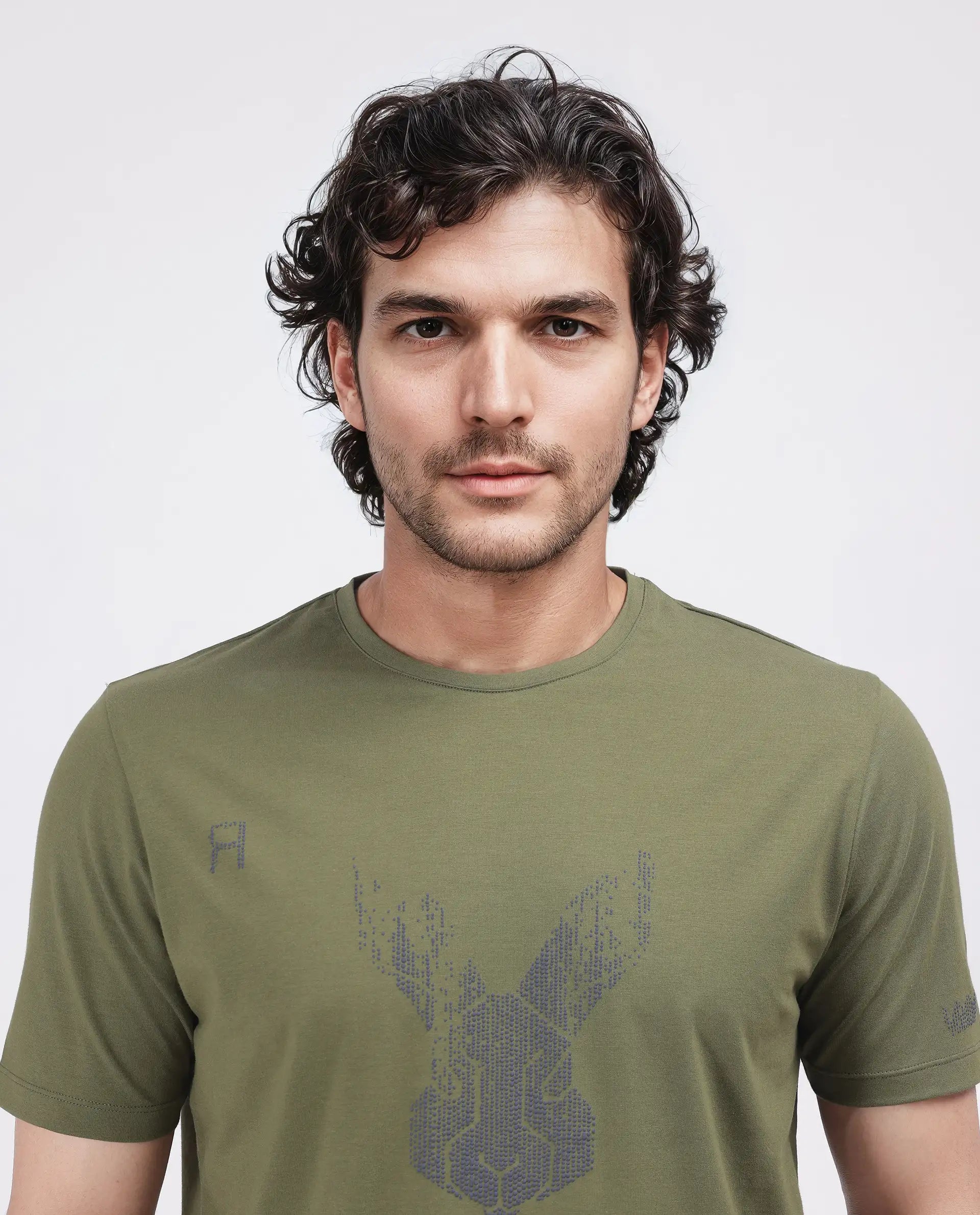 Rare Rabbit Men's Log Green Cotton Blend Graphic Print Regular Fit Half Sleeve Crew Neck T-Shirt