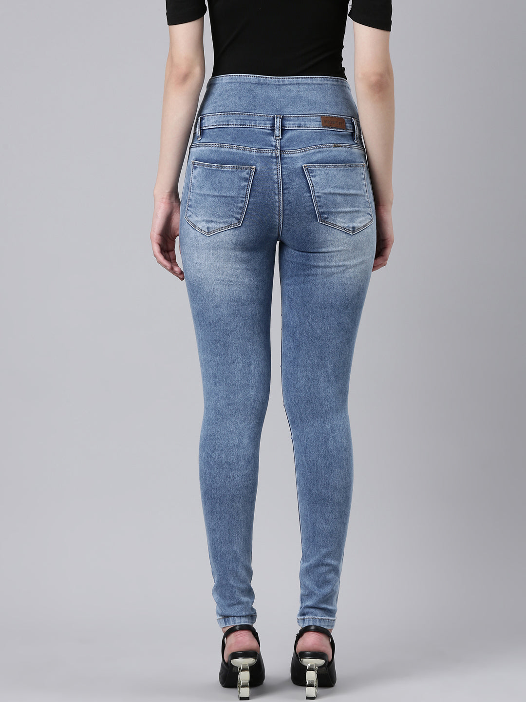 Women's Blue Slim Fit Heavy Fade Embellished Stretchable Denim Jeans