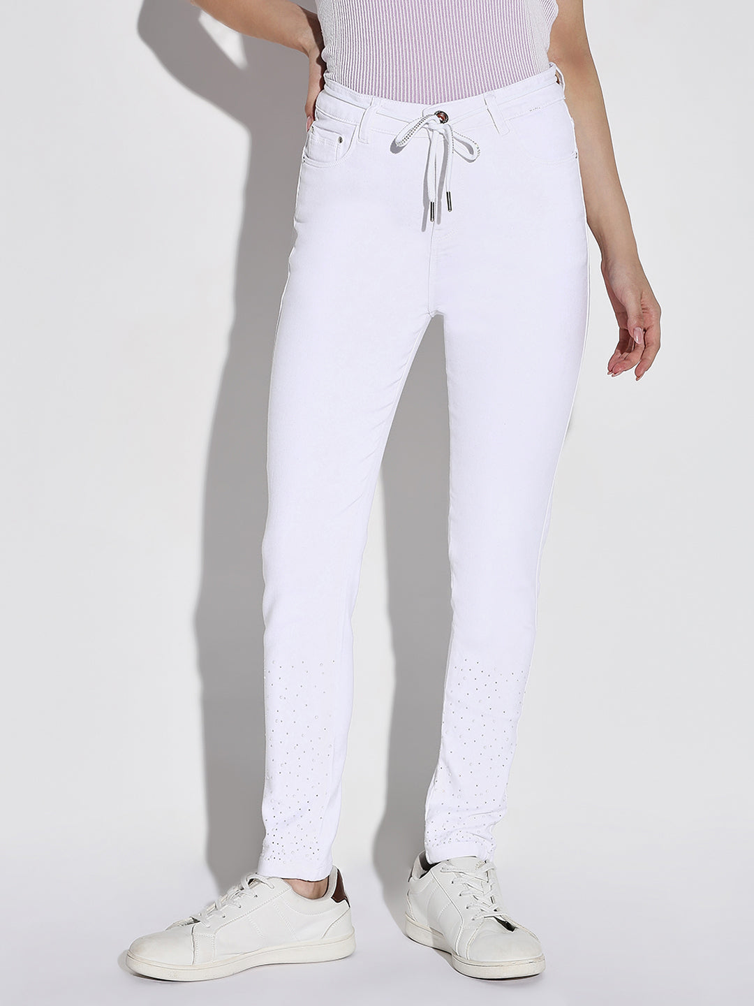 Women's White Cotton Comfort Slim Fit Mid-Rise Embellished Stretchable Jeans