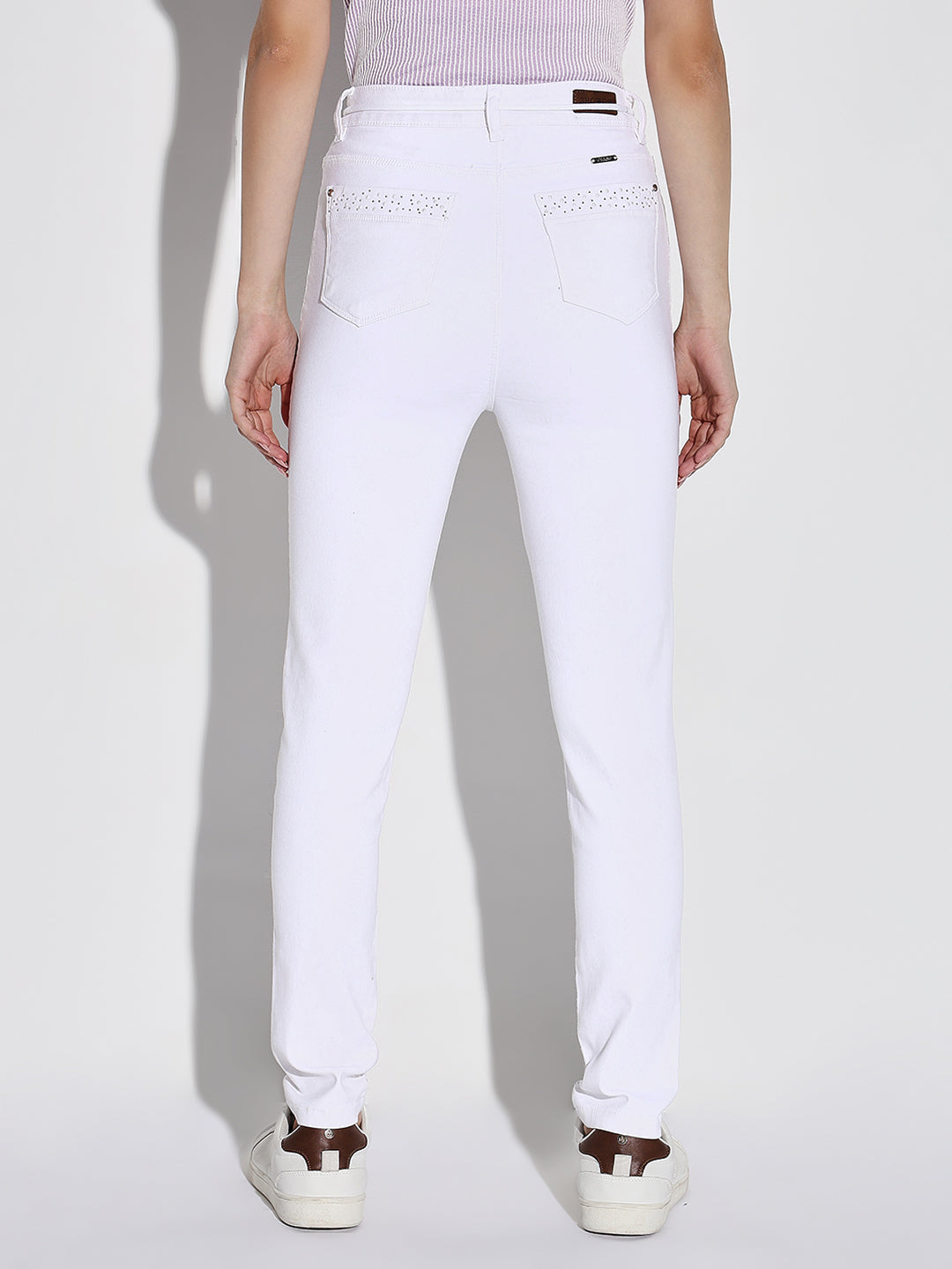 Women's White Cotton Comfort Slim Fit Mid-Rise Embellished Stretchable Jeans