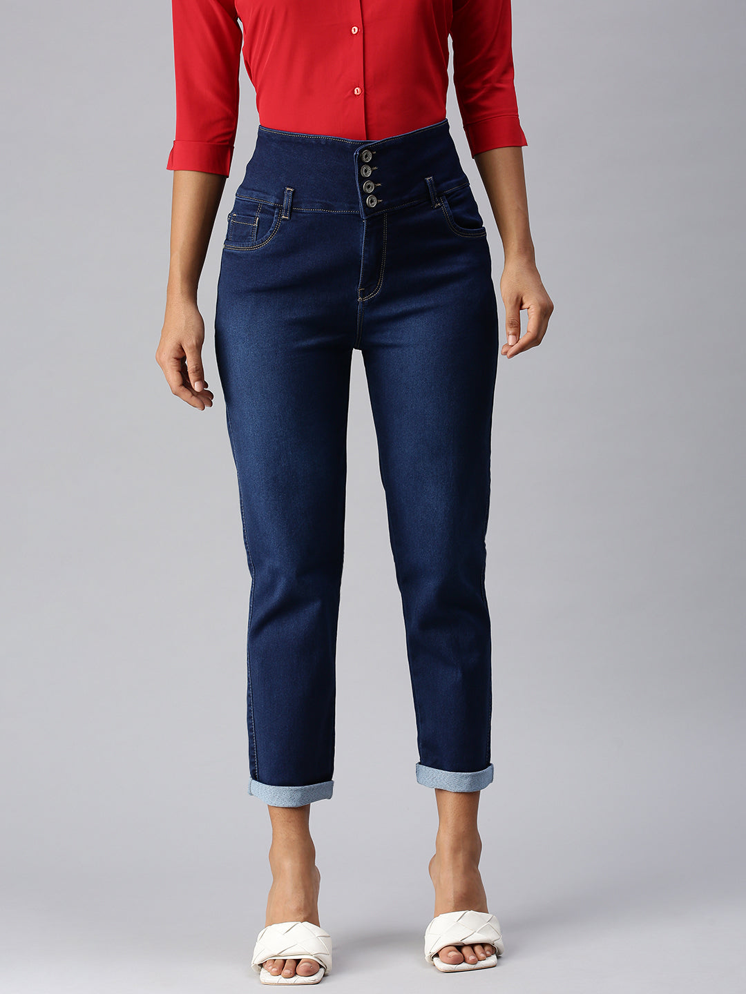 Women's Blue Straight Fit High-Rise Stretchable Denim Jeans
