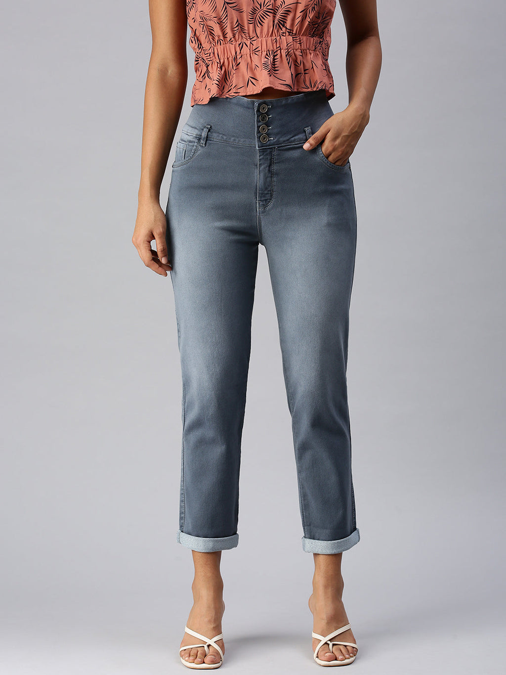 Women's Grey Straight Fit High-Rise Heavy Fade Stretchable Denim Jeans