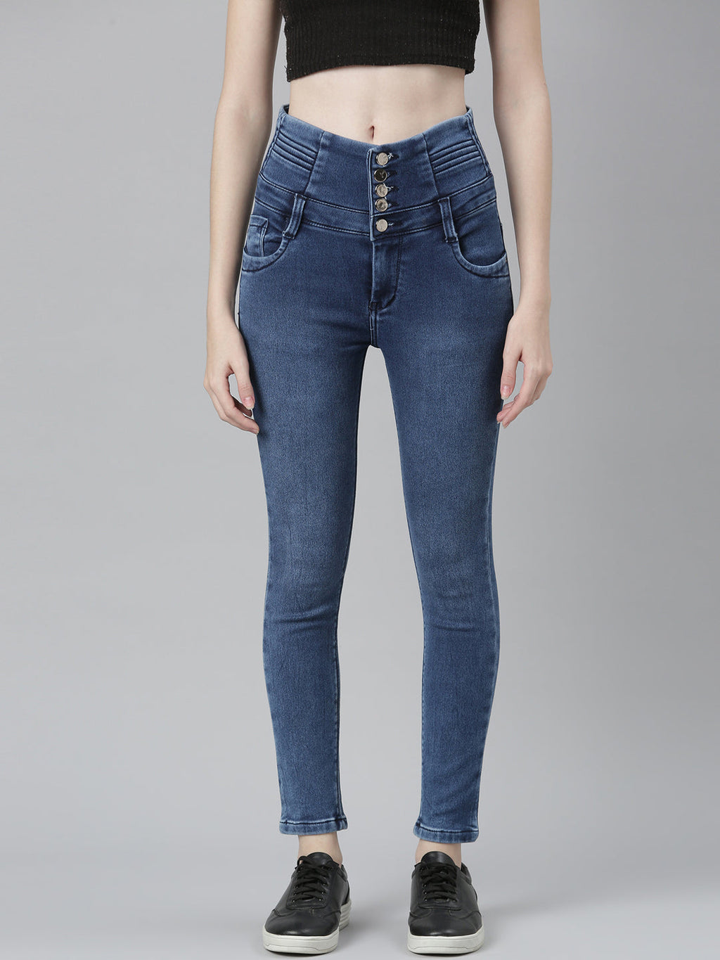 Women's Blue Jean Straight Fit Mid-Rise Acid Wash Stretchable Jeans