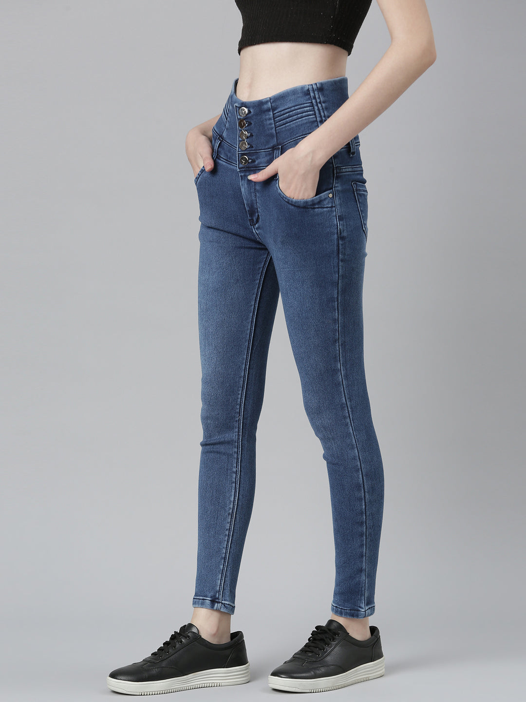Women's Blue Jean Straight Fit Mid-Rise Acid Wash Stretchable Jeans