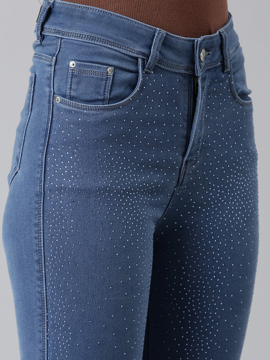 Women's Blue Jean Slim Fit Mid-Rise Embellished Denim Jeans