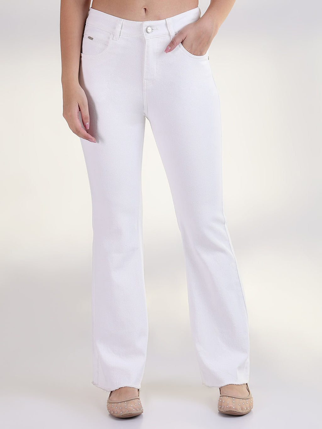 Women's Solid White Raw Hem Bootcut Jean