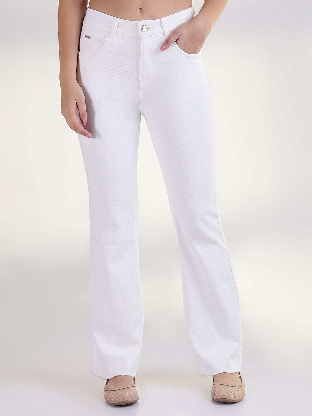 Women's Solid White Raw Hem Bootcut Jean