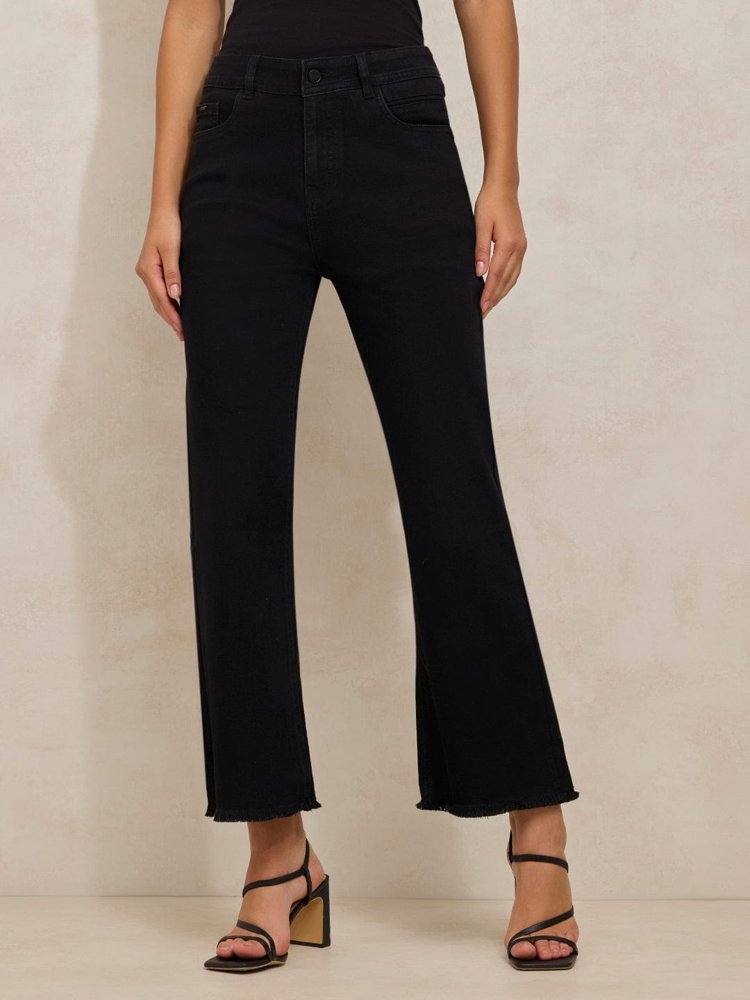 Women's Black Denim Mini Flare Jeans with Frayed Hem