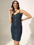 Women's Navy Blue Denim Zip-Front Bodycon Mini Dress