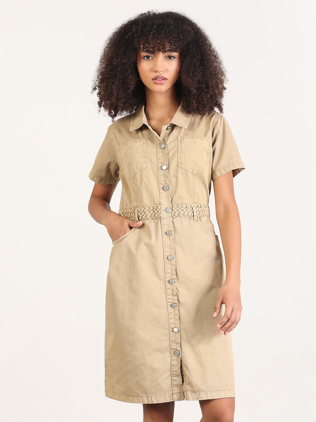 Women's Solid Beige A-Line Knee Length Denim Dress