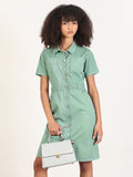 Women's Solid Green A-Line Knee Length Denim Dress