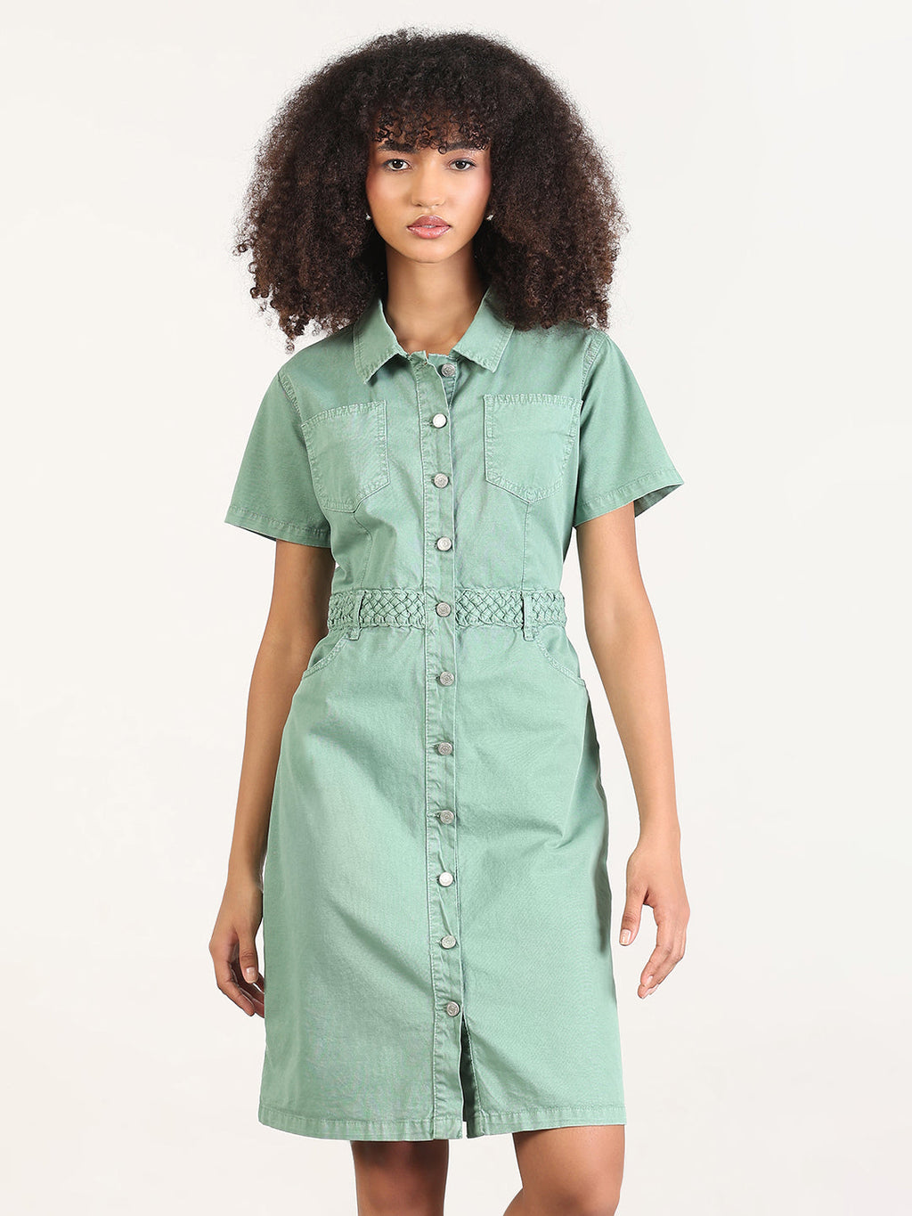 Women's Solid Green A-Line Knee Length Denim Dress