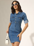 Women's Blue Denim Button-Down Shirt Collar Dress