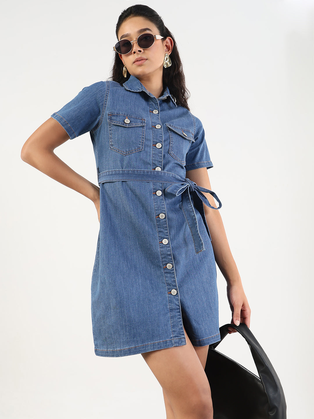 Women's Solid Blue Denim A-Line Dress with Fabric Belt