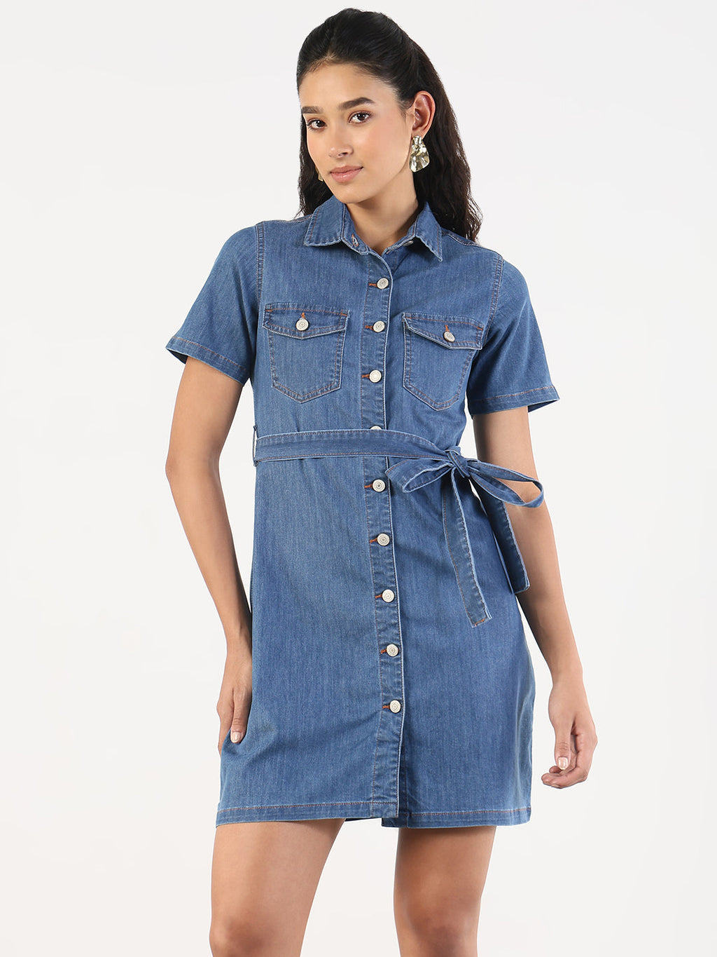Women's Solid Blue Denim A-Line Dress with Fabric Belt