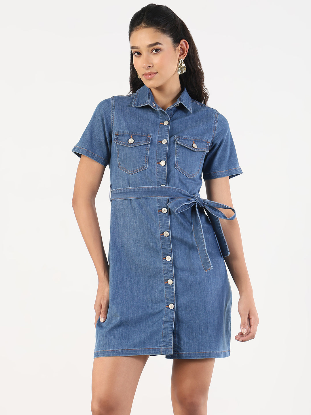 Women's Solid Blue Denim A-Line Dress with Fabric Belt