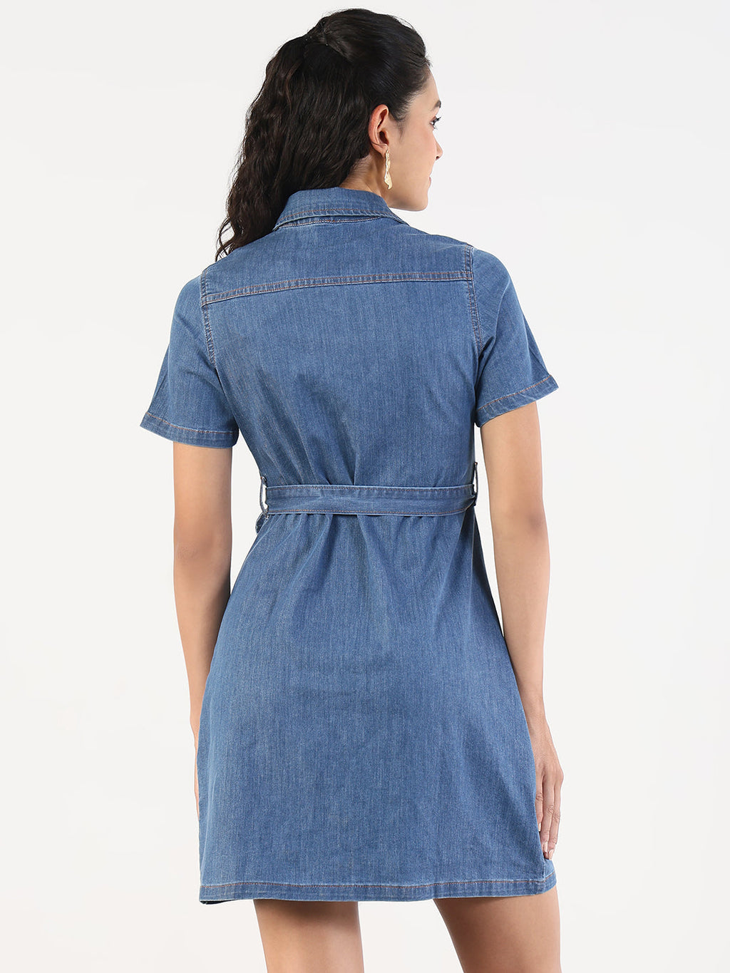 Women's Solid Blue Denim A-Line Dress with Fabric Belt
