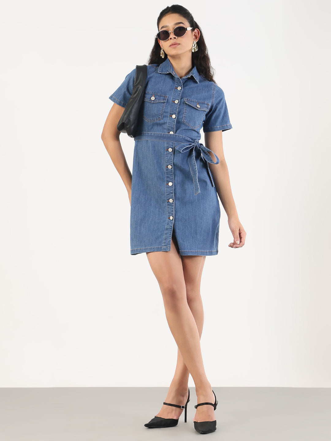 Women's Solid Blue Denim A-Line Dress with Fabric Belt