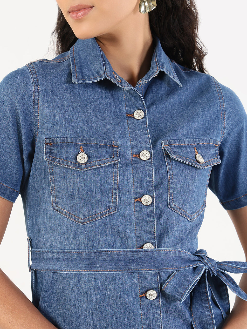 Women's Solid Blue Denim A-Line Dress with Fabric Belt