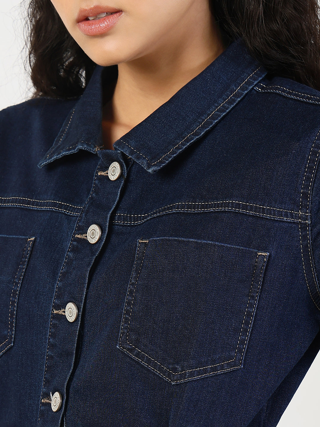 Women's Solid Navy Blue Denim A-Line Dress