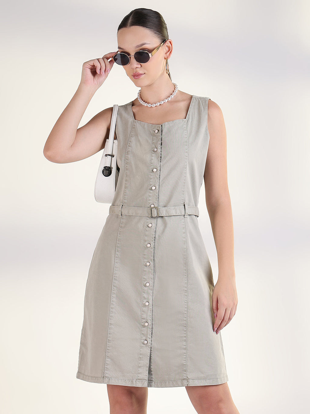 Women's Solid Beige A-Line Knee Length Denim Dress with Belt