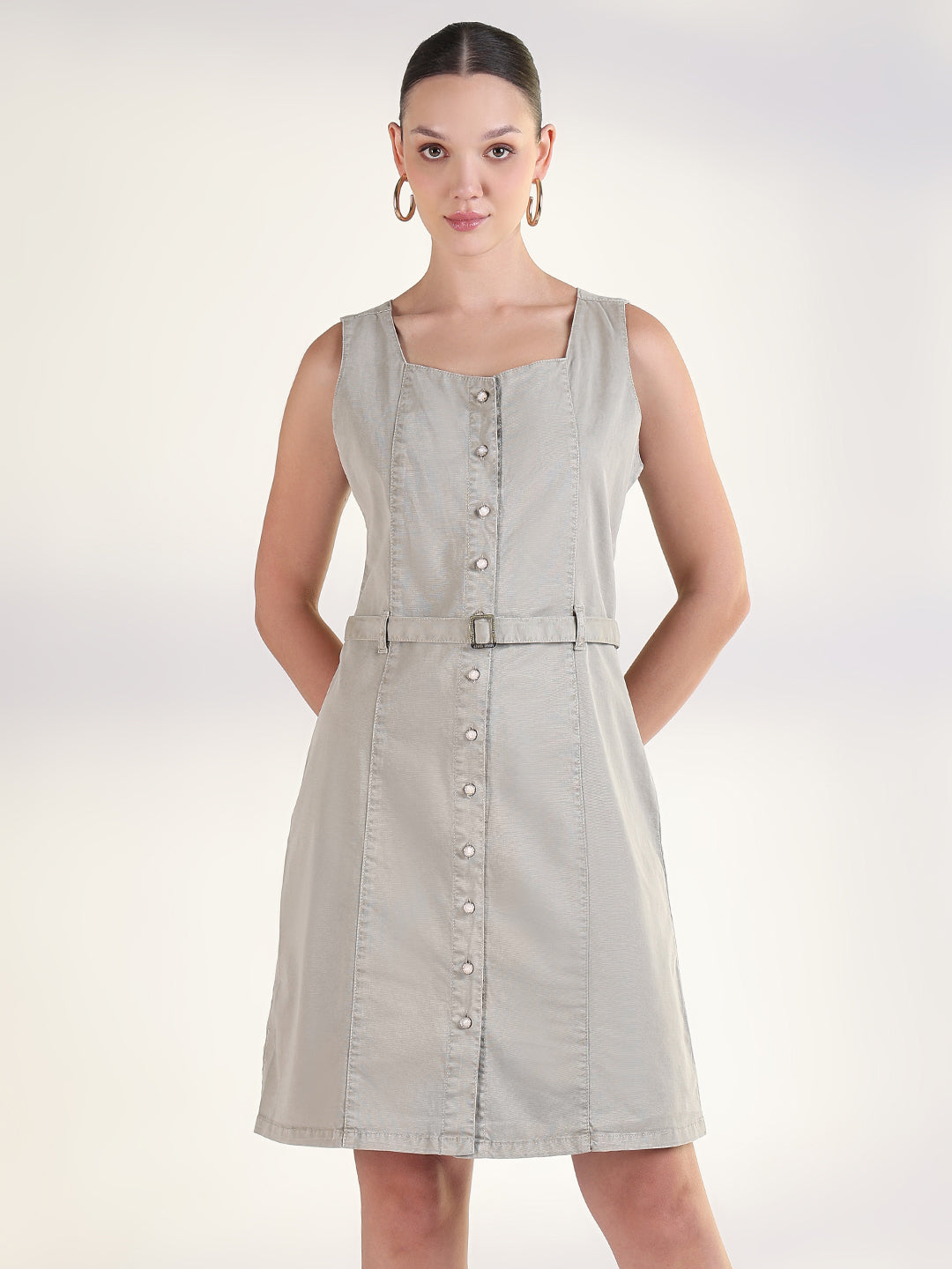 Women's Solid Beige A-Line Knee Length Denim Dress with Belt