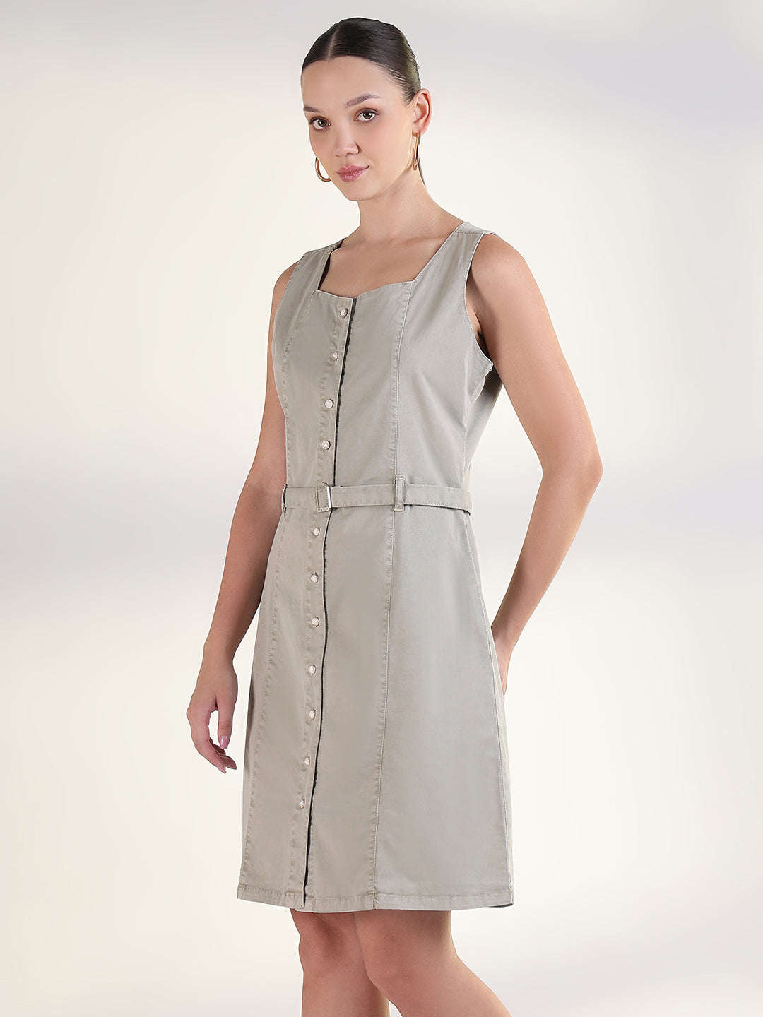 Women's Solid Beige A-Line Knee Length Denim Dress with Belt