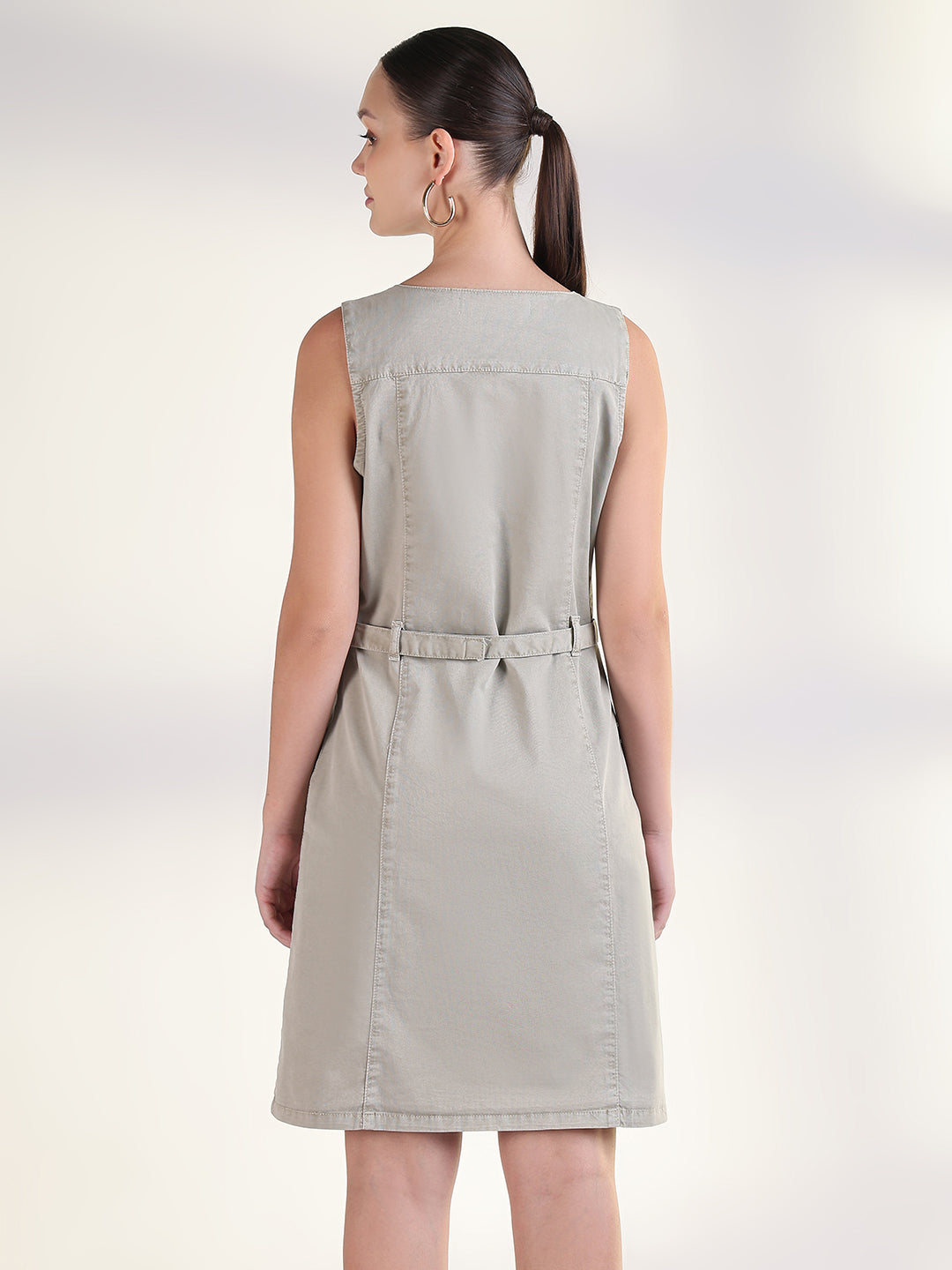 Women's Solid Beige A-Line Knee Length Denim Dress with Belt