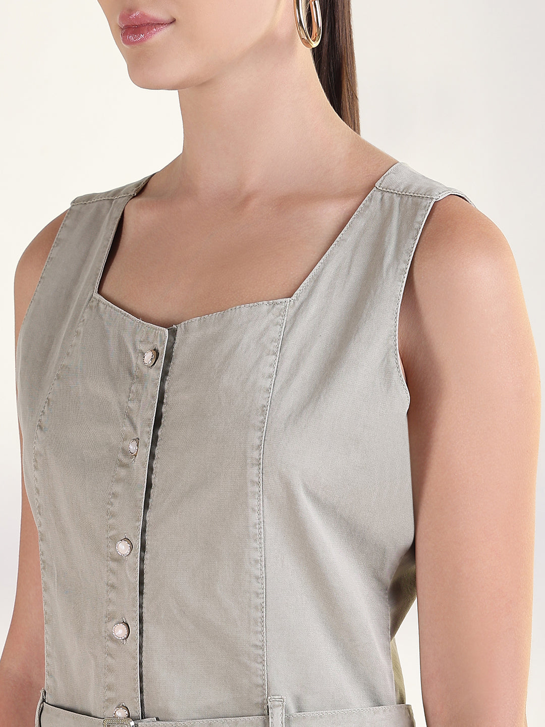 Women's Solid Beige A-Line Knee Length Denim Dress with Belt