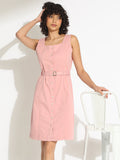Women's Pink Midi Dress with Pearl Buttons and Belt